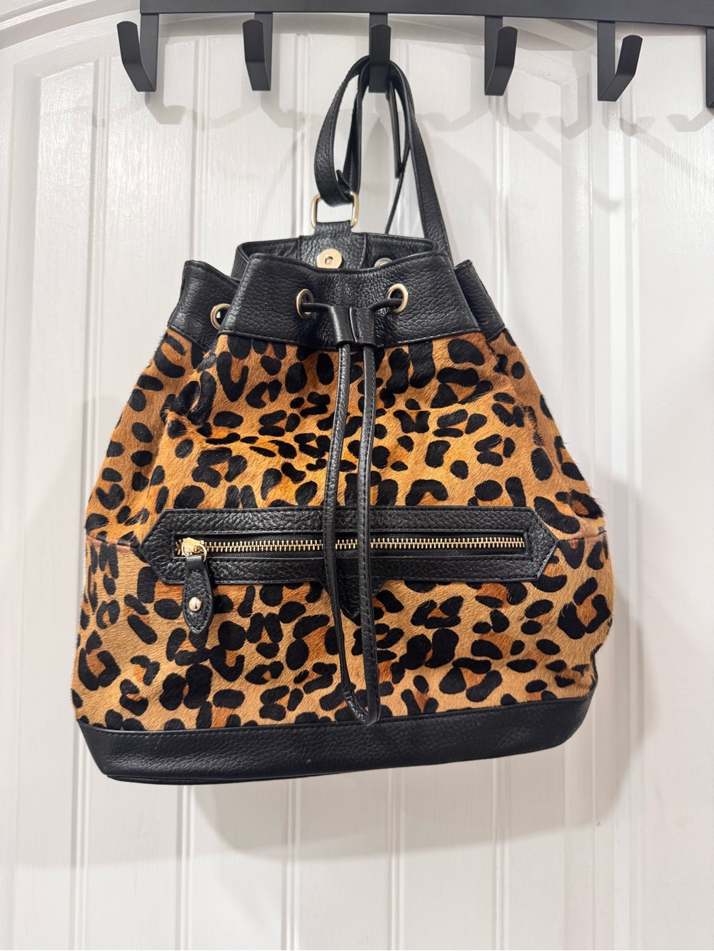 Aqua Madonna Leopard Print Drawstring Backpack Tote - Tan & Black